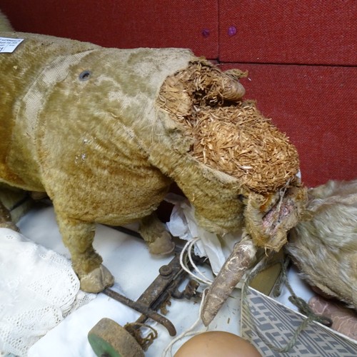 5021 - A quantity of miscellaneous vintage soft toys and a porcelain head doll. Note Cows head is damaged. ... 