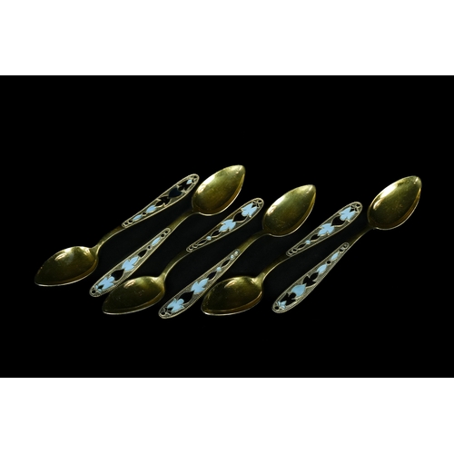 451 - A Set of Six Russian Gilt Silver and Enamel Spoons. - A set of six Russian Soviet gilt silver and en... 