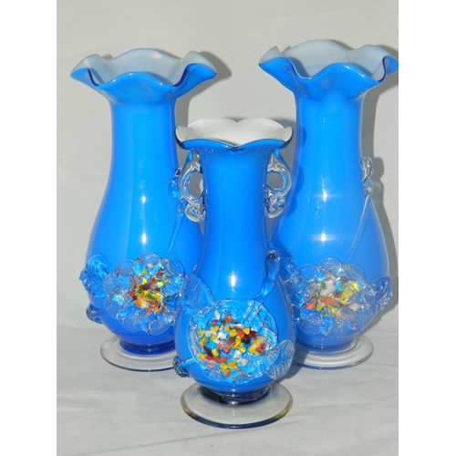 86 - 'Murano' glass clown and 2 vases, and 3 blue glass vases