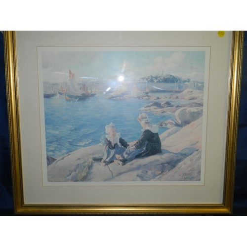 292 - Alfred Victor Fournier print of 2 girls on harbour side and Aston Knight print of river scene