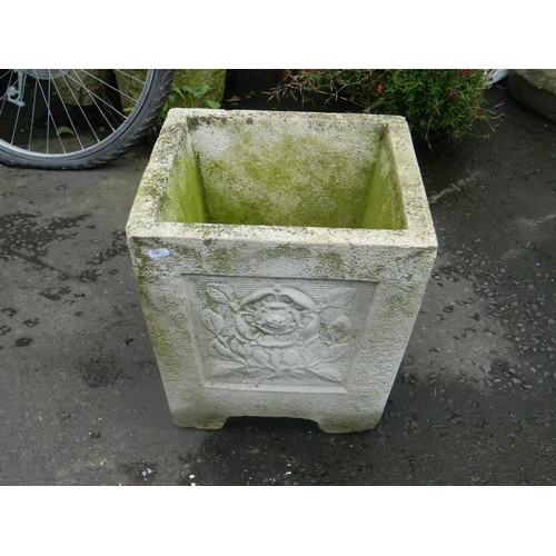 304 - Square stone garden trough 37cm, circular stone planter and stone brick effect planter