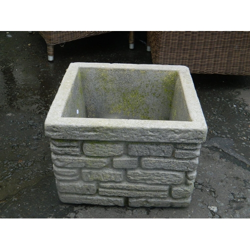 304 - Square stone garden trough 37cm, circular stone planter and stone brick effect planter