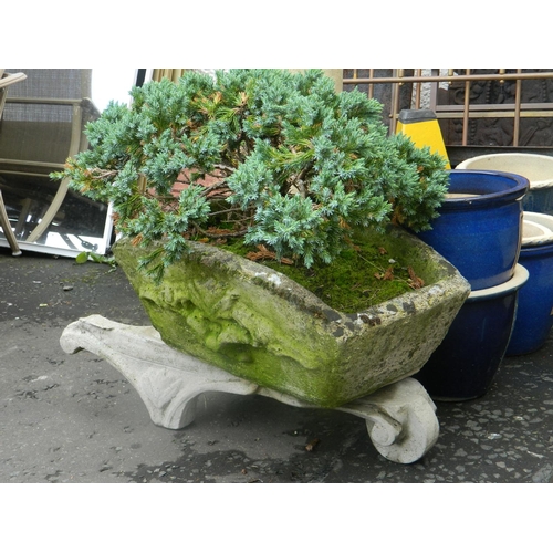 305 - Wheelbarrow stomeware ornament 52x20cm with ornamental fir