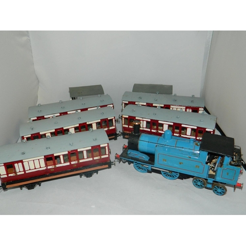 18 - Early 20th century electric train engine, 5 carriages,guards van & goods van