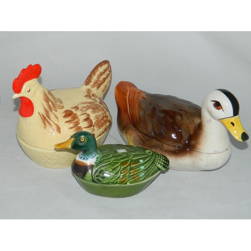 33 - 2 ceramic duck tureens and a hen tureen