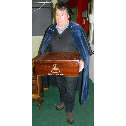 10 - Wooden gown box marked 'Mace Bearer' (Edinburgh University)with full length cermonial gown and velve... 