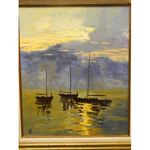 40 - Bryce Gillispie oil on canvas of boats in harbour in carved gilt frame [72x82]cm with frame width of... 