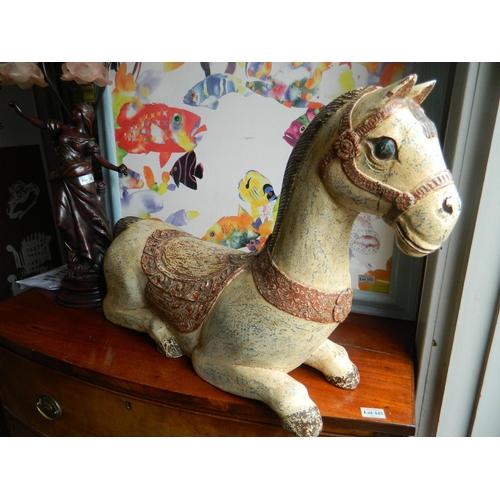 11 - Vintage wooden painted horse made in Kashmir India, Height from top of head: 50cm Length: 70cm