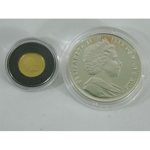 112 - 2 cased coins to include Alderney Elizabeth II 2005 gold one pound coin (1.3g in weight) and Isle of... 