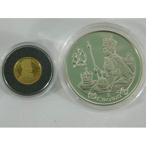 112 - 2 cased coins to include Alderney Elizabeth II 2005 gold one pound coin (1.3g in weight) and Isle of... 