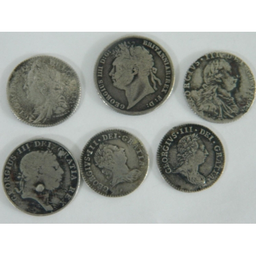 113 - Selection of 5 UK coins to include 2 George III (1760 - 1820) silver four pence/groats dated 1784 an... 