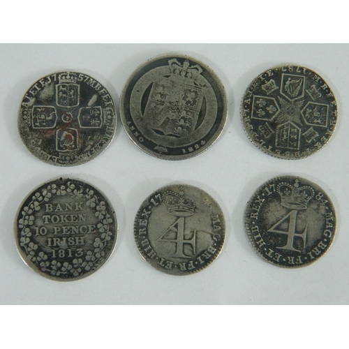 113 - Selection of 5 UK coins to include 2 George III (1760 - 1820) silver four pence/groats dated 1784 an... 