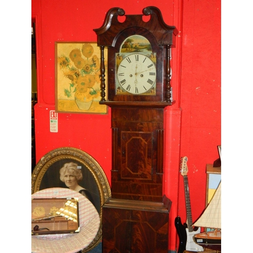 14 - Victorian mahogany 8 day long case clock with swan neck hood pediment flanked by turned wood columns... 