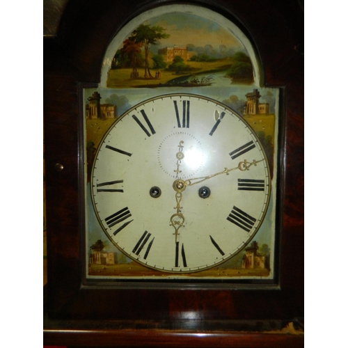 14 - Victorian mahogany 8 day long case clock with swan neck hood pediment flanked by turned wood columns... 