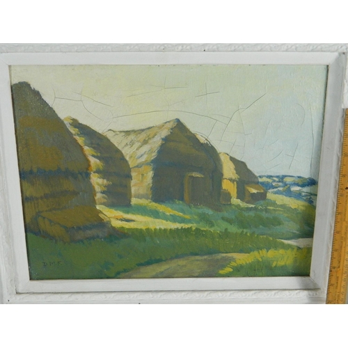 45 - Dorothy M Fairley framed oil on canvas titled 'Straw Stacks' ref artist British Museum