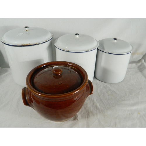 64 - 3 Enammelled storage jars and a stoneware pot