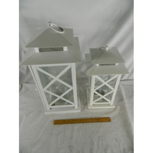 77 - Pair of white painted metal tea light lanterns