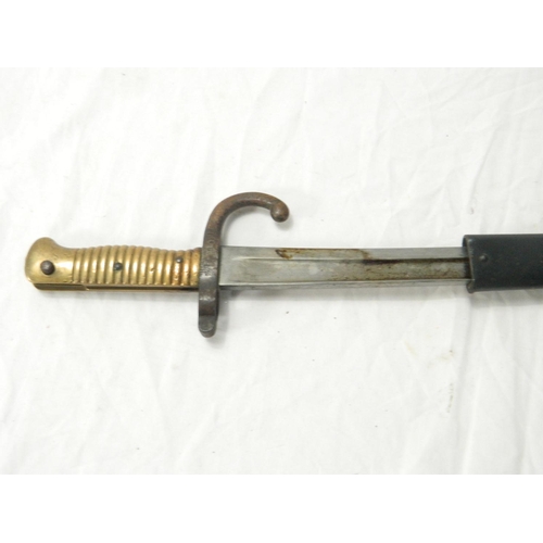 113 - French 1866 pattern chassepot sword bayonet having fullered T-Form yataghan blade with hook quillion... 