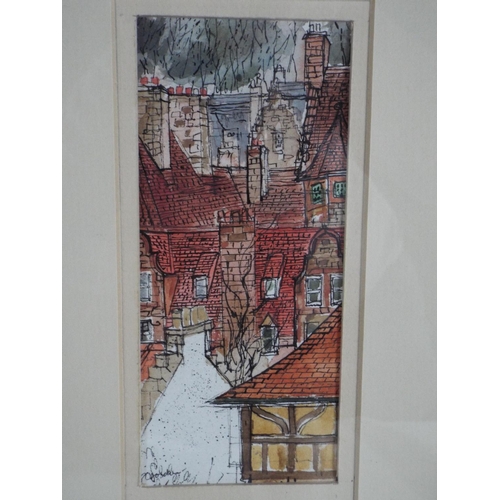 181 - Framed watercolour by Carola Gordon 'A view from Dean village' [15x6.5]cm picture size with  Open Ey... 