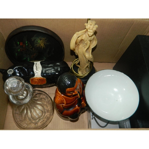 575 - Mixed box to include decanters, plateware and small compressor