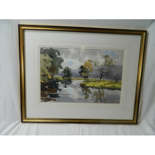 60 - Framed watercolour 'The river Tweed near Stobo' by Joseph Maxwell Stuart [31x47]cm