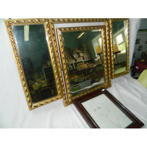 87 - Tri folding gilt dressing table mirror and framed picture