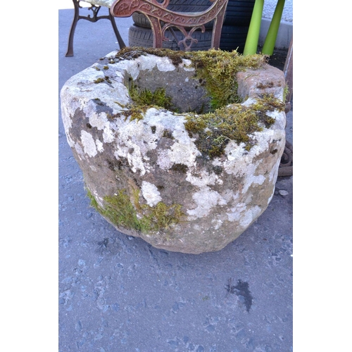 10 - Quern style stone with genuine moss [approx H:18'' x D:20'']