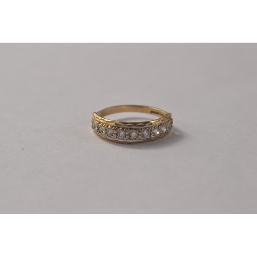 107E - Hallmarked 9ct yellow gold vintage ring set with 9 small diamonds [size J] 1.6grm approx