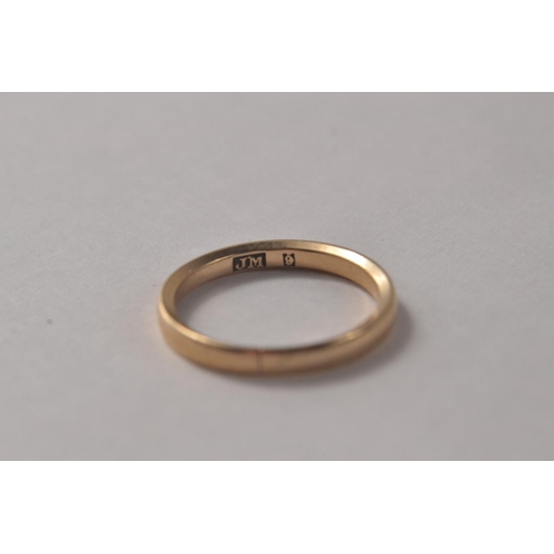 107F - Yellow gold band stamped 9 and JM {band has been cut previously} size O. 2.9grm approx