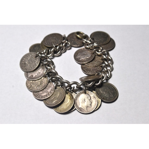 117 - Silver three pence bracelet with over 20 coins mostly pre 1921. Gross weight 45g