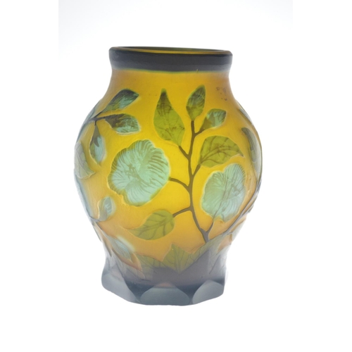 14 - Galle glass style vase, yellow ground with blue floral design [15 cm high] no noticable damage, good... 