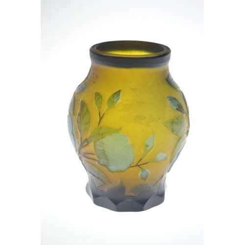 14 - Galle glass style vase, yellow ground with blue floral design [15 cm high] no noticable damage, good... 