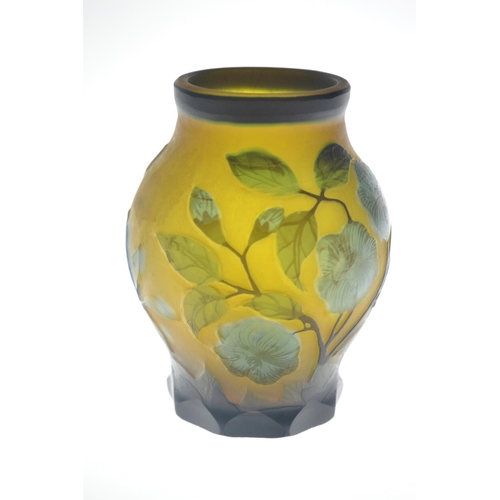 14 - Galle glass style vase, yellow ground with blue floral design [15 cm high] no noticable damage, good... 