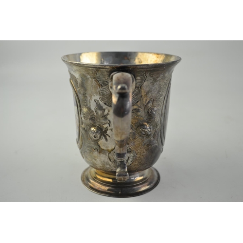 165A - Victorian (1893) London silver twin handled cup having repousse floral decoration approx 11.5cm high