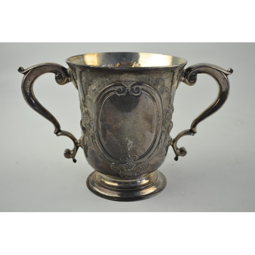 165A - Victorian (1893) London silver twin handled cup having repousse floral decoration approx 11.5cm high