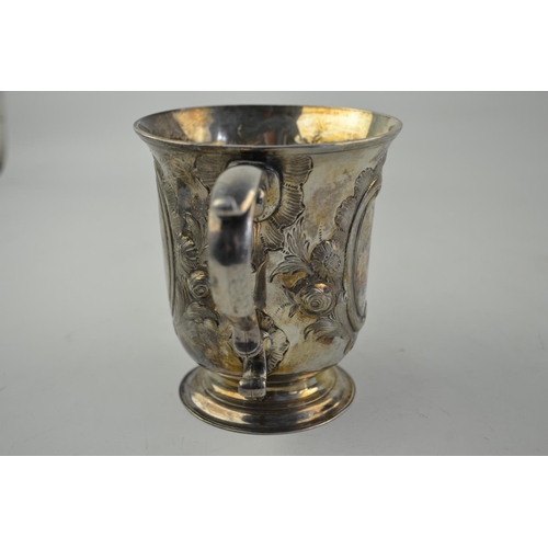 165A - Victorian (1893) London silver twin handled cup having repousse floral decoration approx 11.5cm high