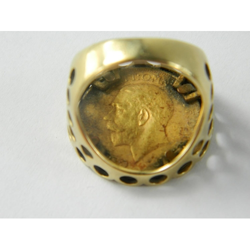 173B - Full 1912 George V Gold Sovereign, with contact marks, mounted as a gents 9ct Gold ring with circula... 