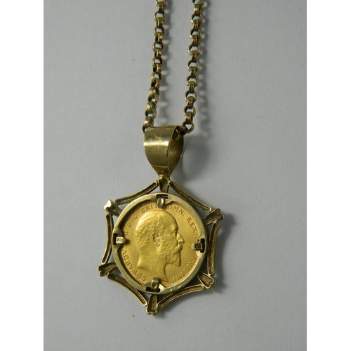 173E - Full 1909 Edward VII Gold Sovereign with very minor contact marks, mounted as a pendant in a yellow ... 