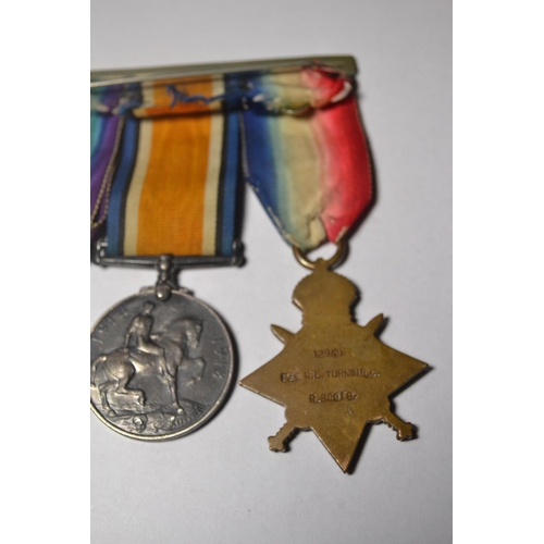 177 - Bar of three medals to include 1914/15 star medal for Private R.L.Turnbull stamped 12958, British wa... 