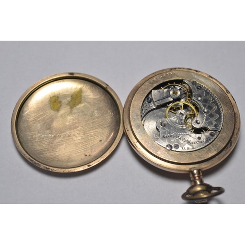 192 - Early 20th century ELGIN gold plated pocket watch having enamelled dial and seconds sub-dial in fitt... 