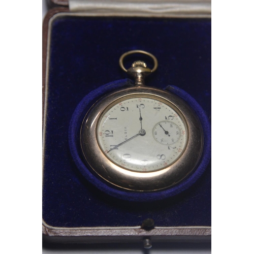 192 - Early 20th century ELGIN gold plated pocket watch having enamelled dial and seconds sub-dial in fitt... 