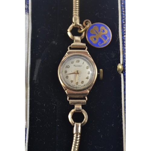 196 - 9ct Gold cased 'Rotary' ladies wrist watch, with rolled gold strap. stamped '375' hallmarked.