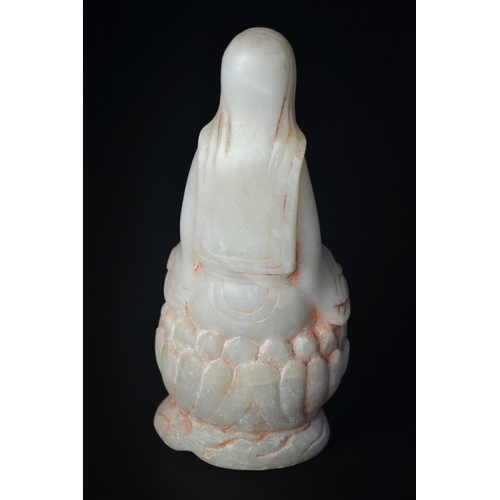 20 - Antique Chinese, pale soapstone female buddha figure, on carved double Lotus base. Export mark to ba... 