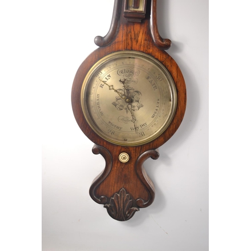 238B - Victorian aneroid barometer with thermometer. 93cm tall 27cm wide at widest point.