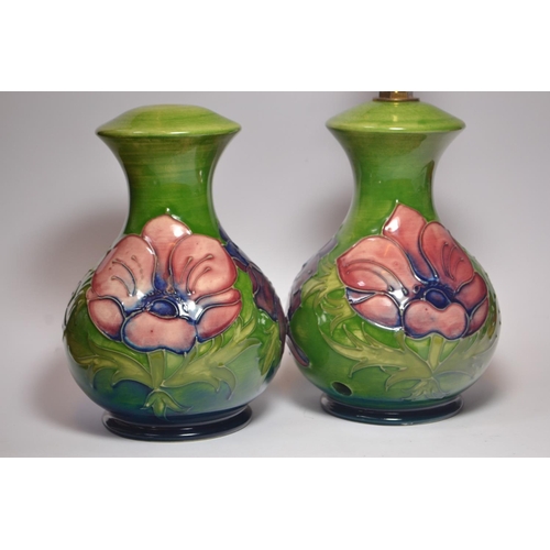 24 - Pair MOORCROFT pottery baluster table lamps in Anemone floral design, [17cm high] 1 missing its fitt... 