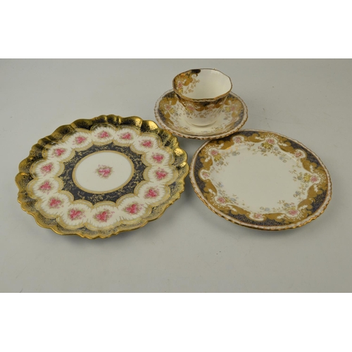 292 - Victorian Staffordshire bone china 3 place tea set having blue and white decoration with gilt highli... 