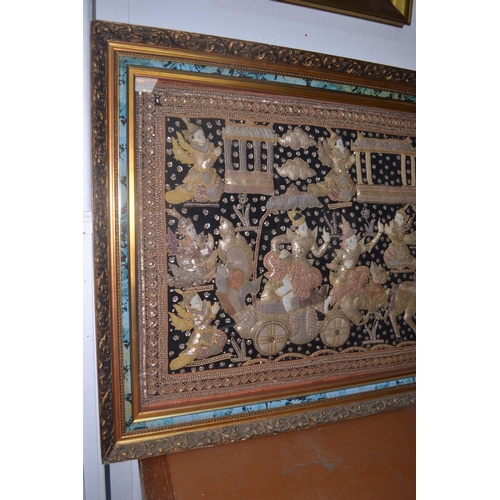 300 - A stunning large Burmese Kalagarh region scene hand sewn depicting Burmese figures sewn from golden ... 