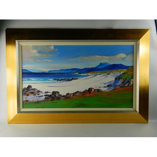 303 - JEAN FEENEY 'Calva Bay, Iona' framed oil on canvas, no signature visible. Frame 69 by 39cm