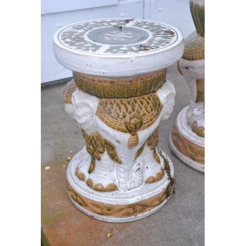 313 - Elephant depicted hand made designed ceramic patio table and 2 patio ceramic stools - beautiful- the... 