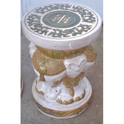 313 - Elephant depicted hand made designed ceramic patio table and 2 patio ceramic stools - beautiful- the... 